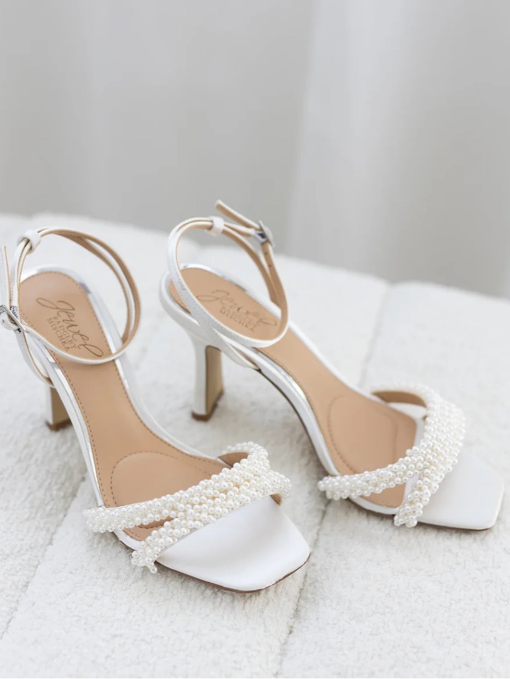 Jewel Badgley Mischka Pearl-Embellished White Ankle-Strap Heels